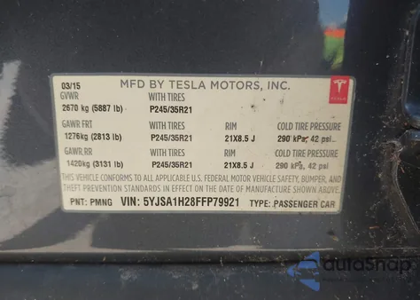 2015 Tesla Model S 70D/85D/P85D z USA, uszkodzony, nr VIN 5YJSA1H28FFP79921